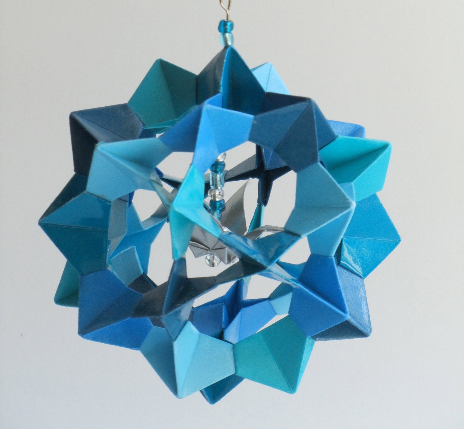 Ornament Decoration Home Décor 3D Modular Origami Handmade in Blue Shades on Silver Metal Ornament Stand One Of A Kind OOAK