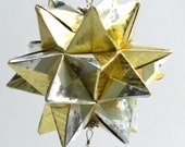 Ornament Home Décor 3D Modular Origami Star Ball, Handmade in Shimmery Gold & Silver Paper on Metal Silver Tone Ornament Stand OOAK