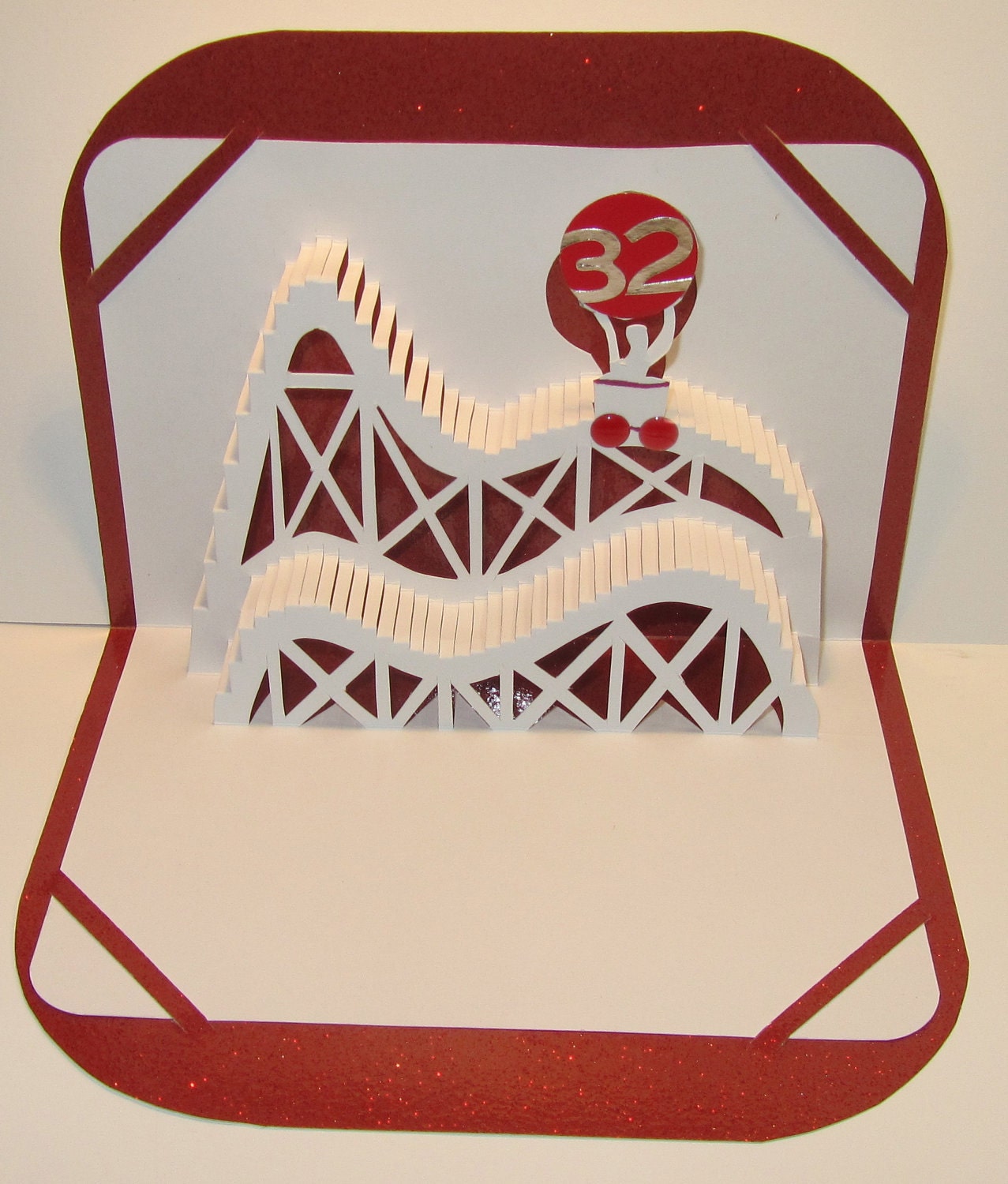 BIRTHDAY 3D Pop Up ROLLER COASTER Greeting Card Home Décor Handmade Origamic Architecture in White and Bright Metallic Shimmery Red