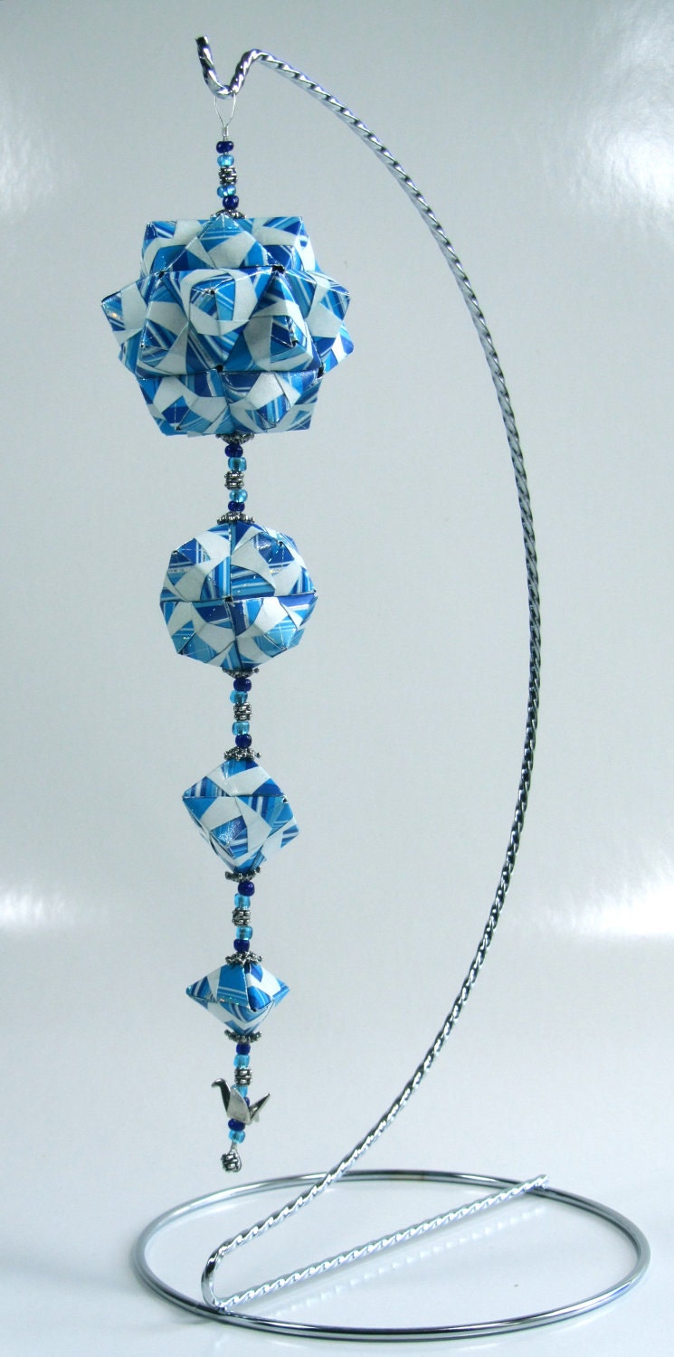 Home Decoration 3D Modular Origami HANDMADE ORNAMENT W-Geometric Modules in Blue and Silver Stripes Displayed On a Metal Ornament Stand OOAK