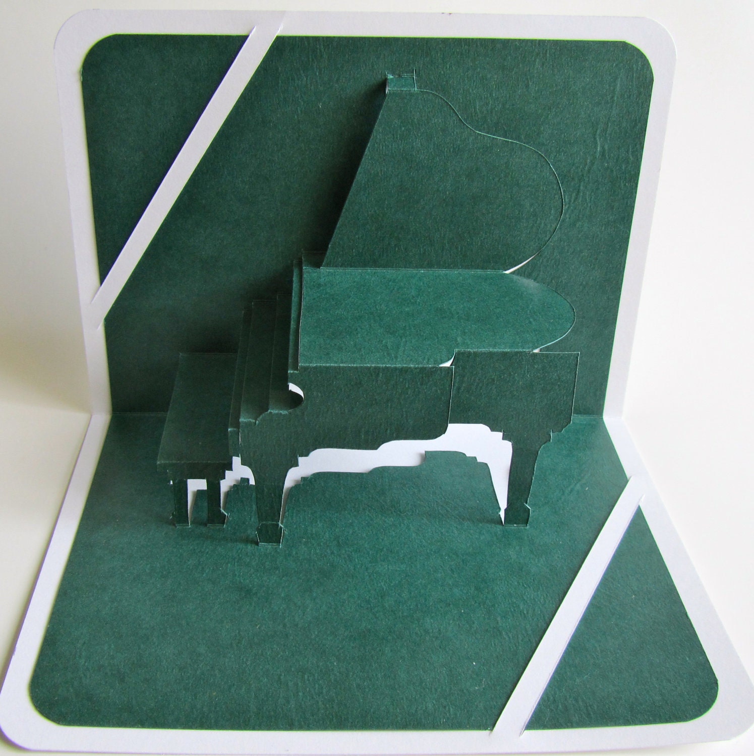 GRAND PIANO 3D Pop Up Card Origamic Architecture Home Decoration Handmade Handcut in Forest Green and White