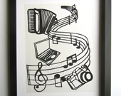 40th B-Day Gift Custom Order Music Notes Accordion Computer Camera Silhouette Paper Cut Handmade ORIGINAL Wall and Home Décor Framed OOaK