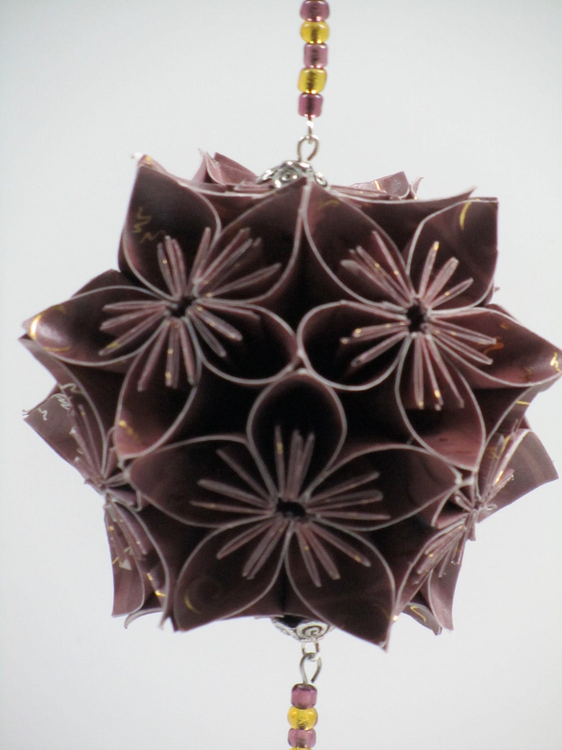 Ornament Home Décor KUSUDAMA Modular Origami HANDMADE in Burgundy w/Gold Embossed Paper, on Ornament Stand One Of A Kind