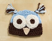 Owl Baby Boy Hat Organic Cotton Owl Photo Prop Crochet Blue and Brown