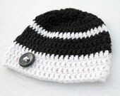 Baby Hat Black and White with Black Button - READY TO SHIP - 1 -3 months