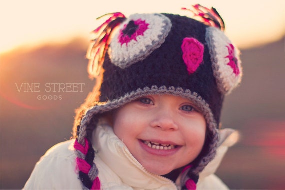 Owl Earflap TODDLER Girl Hat Black, Pink, Grey