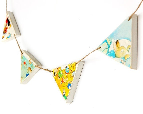 Wooden Nursery Rhyme Bunting. Handmade from Vintage Storybook Pages & Natural Wood. Bunny Rabbit Fishing Summertime