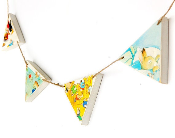 Wooden Nursery Rhyme Bunting. Handmade from Vintage Storybook Pages & Natural Wood. Bunny Rabbit Fishing Summertime