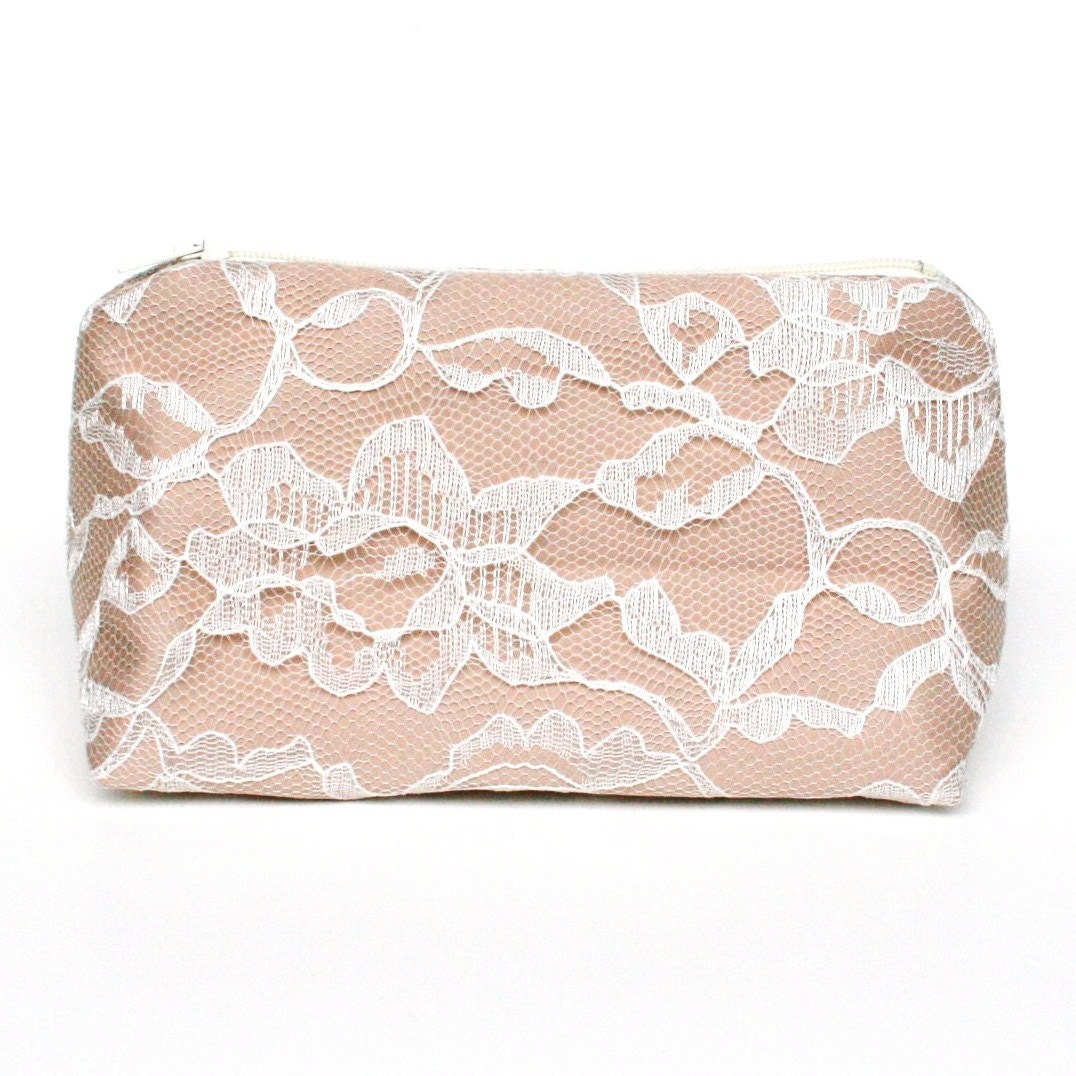 Vintage Lace Beige Cream & Ivory Cosmetic Bag Bridesmaid Gift - Wedding Favor, Bridal Accessory, Vintage Wedding, Lace Accessory