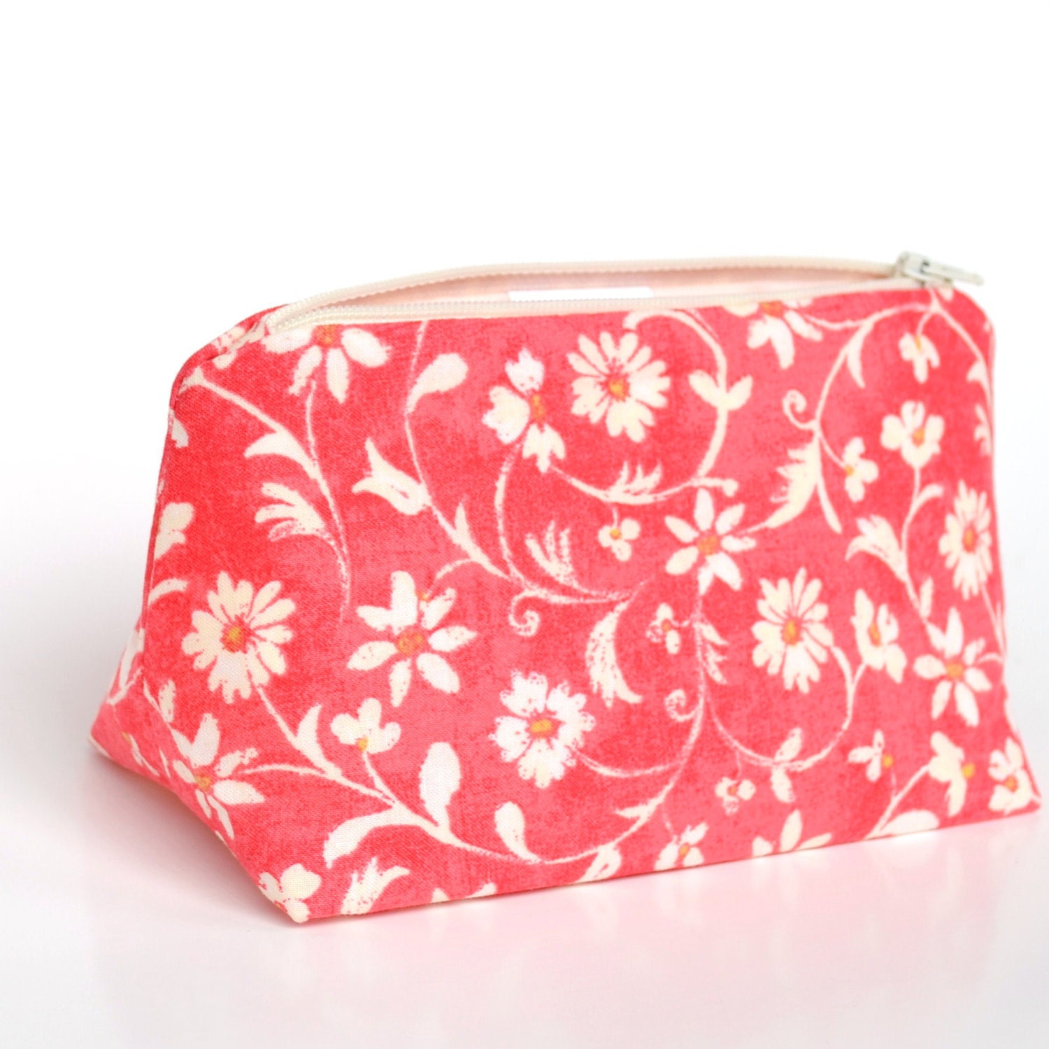 Cosmetic Bag in Pink Distressed Vintage Floral, Bridesmaid Gift, Wedding Makeup Bag,  Birthday Gift, Grapefruit Pink For Her
