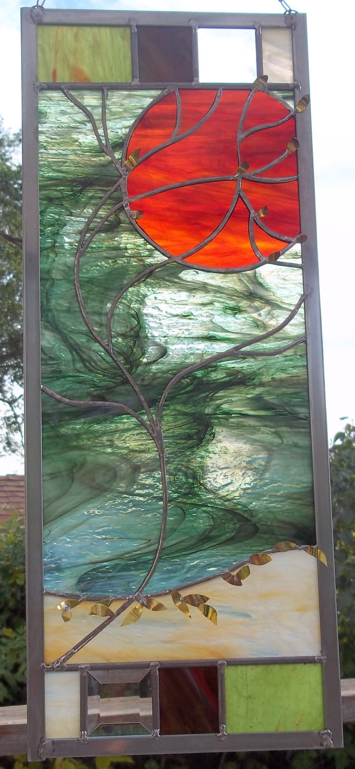 Fall Floating Leaves Stained Glass Window Panel- Brass Leaf Overlay