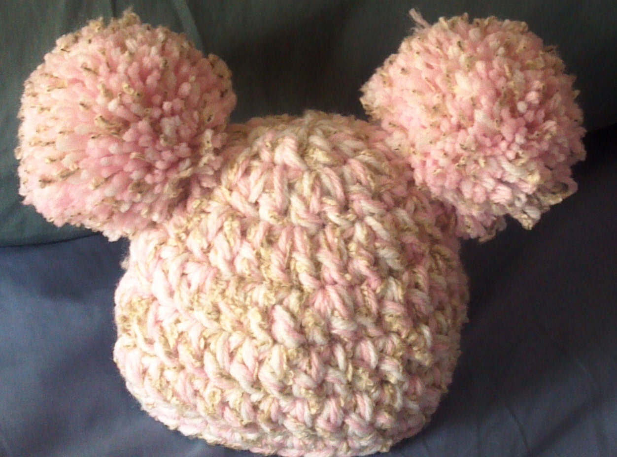 Crocheted Pom Pom hat, Pink, Brown, White, Newborn Photo Prop