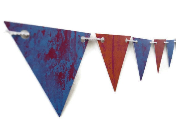 Decorative Paper Bunting, Red and Orange Banner, Purple Marbled Triangle Banner, Marbled Cardstock, Party Decoration, Photo Prop