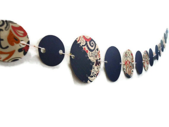 Circle Paper Banner, Coral and Navy Swirls, Cream with Flowers Garland, Party Decoration, Round Bunting Banner, Wall Hanging