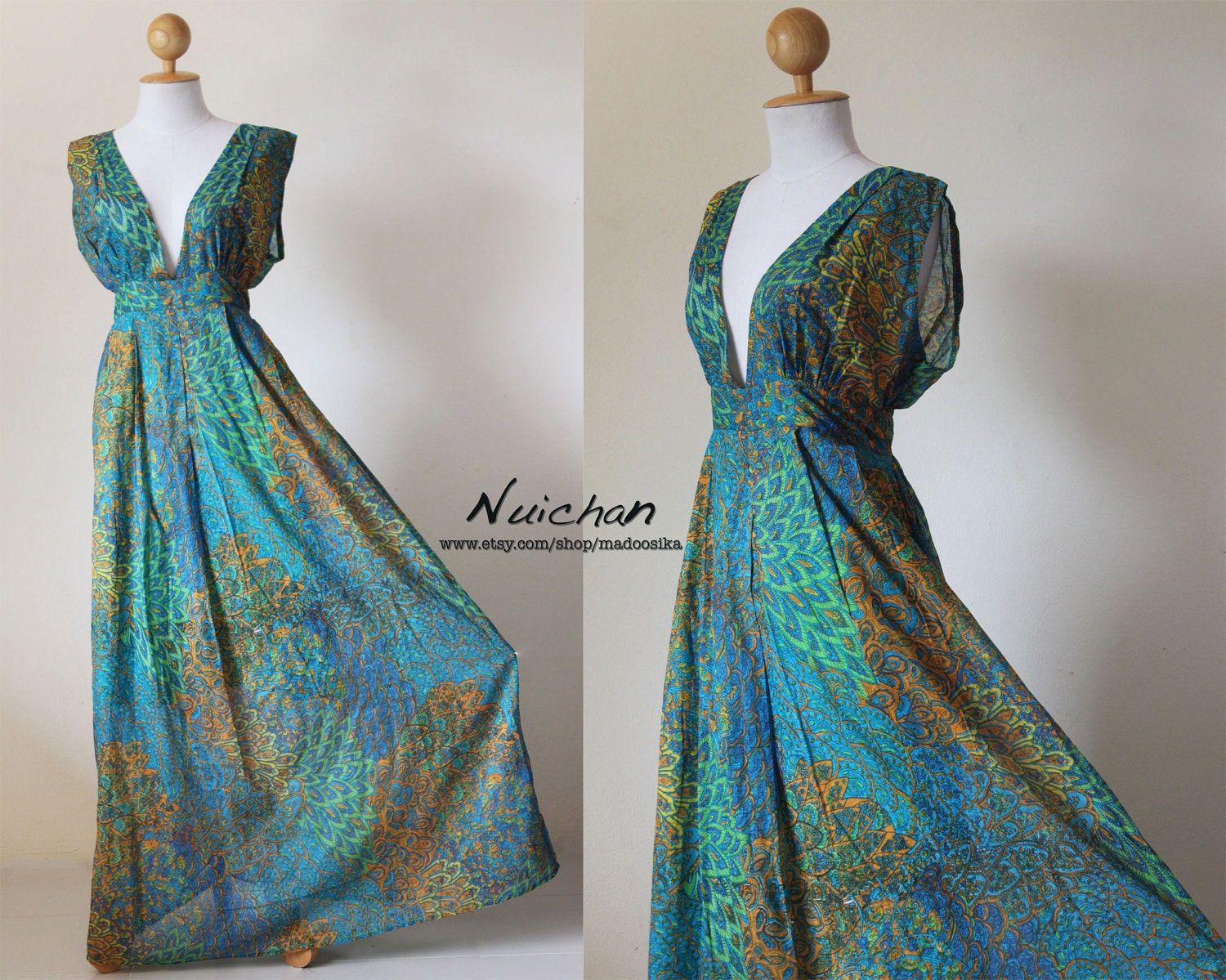 Comfy Sexy Low V-neck Peacock Printed Long Maxi Dress : Oriental Secrets Collection