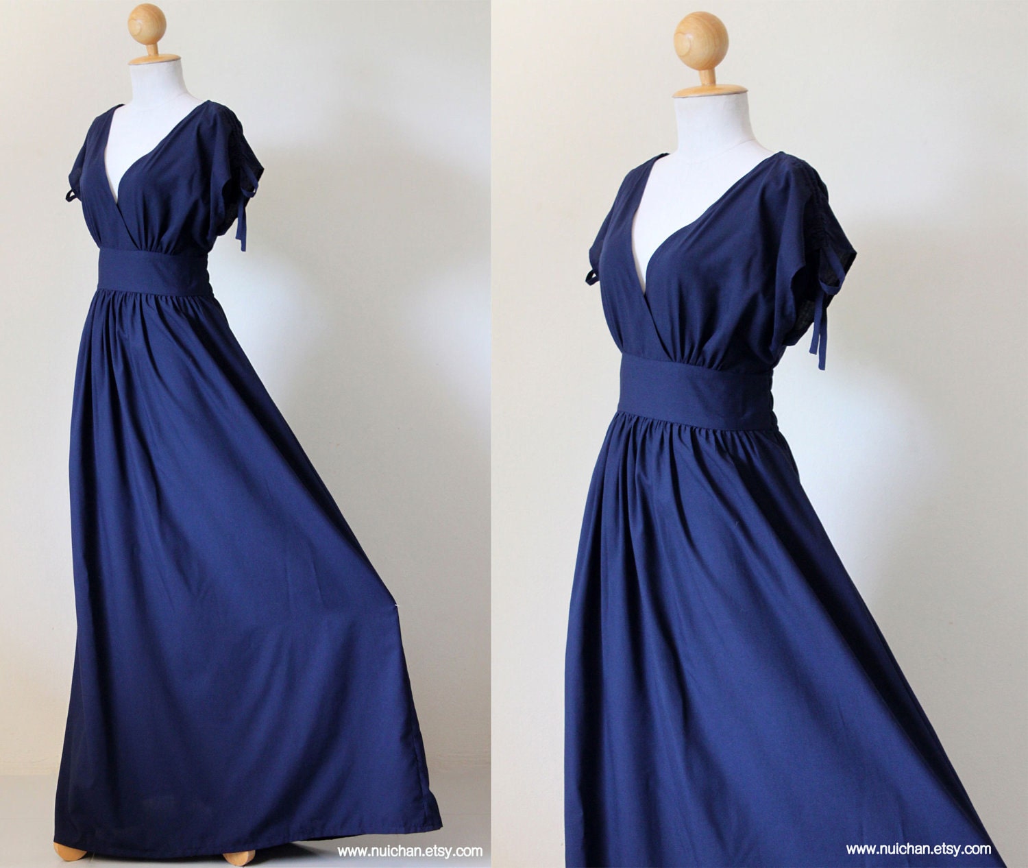 Navy Blue Maxi Dress - Sleeveless or Short Sleeve Cotton Evening Dress ...