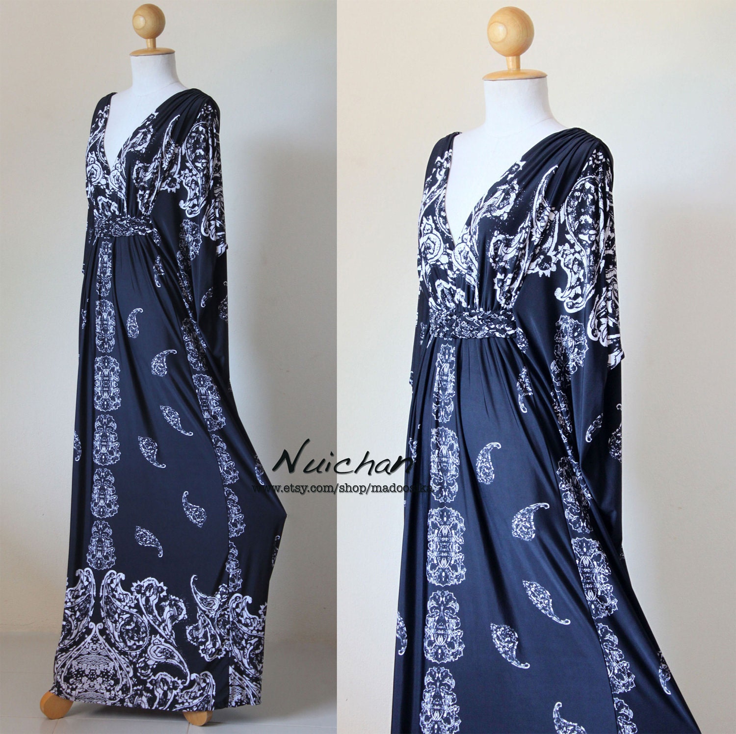 Long Black & White Paisley Printed  Funky Kimono Butterfly Tube Maxi Dress: Elegant Collection