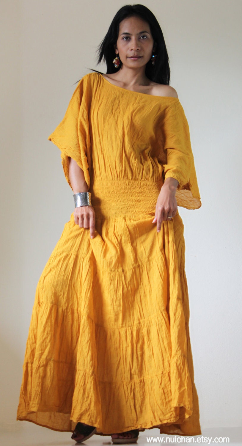 Long Kaftan Maxi Dress Tie Dye Yellow Mustard Boho Cotton Gown : Exotic Collection