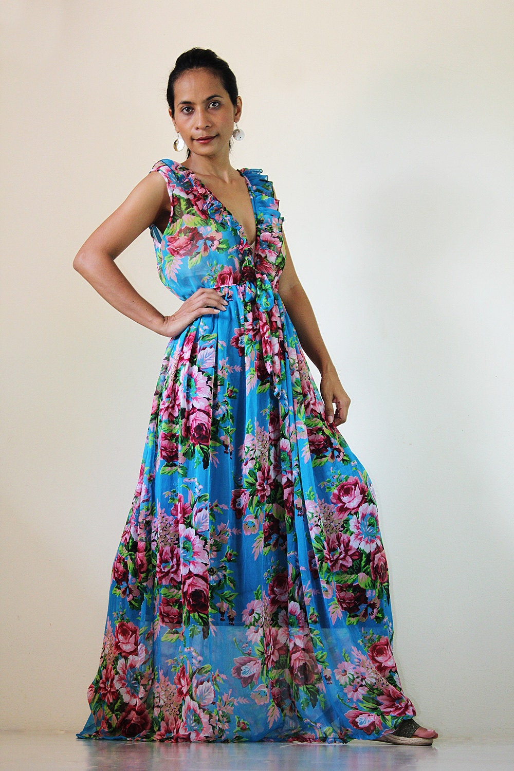 Chiffon Maxi Dress Gorgeous Blue Comfy Low V shaped Ruffle Sleeveless Gown : Smooth as Silk Collection II
