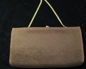 Vintage HL Harry Levine Brown Pleated Fabric Clutch Bag with Gold Chain and Coin Purse