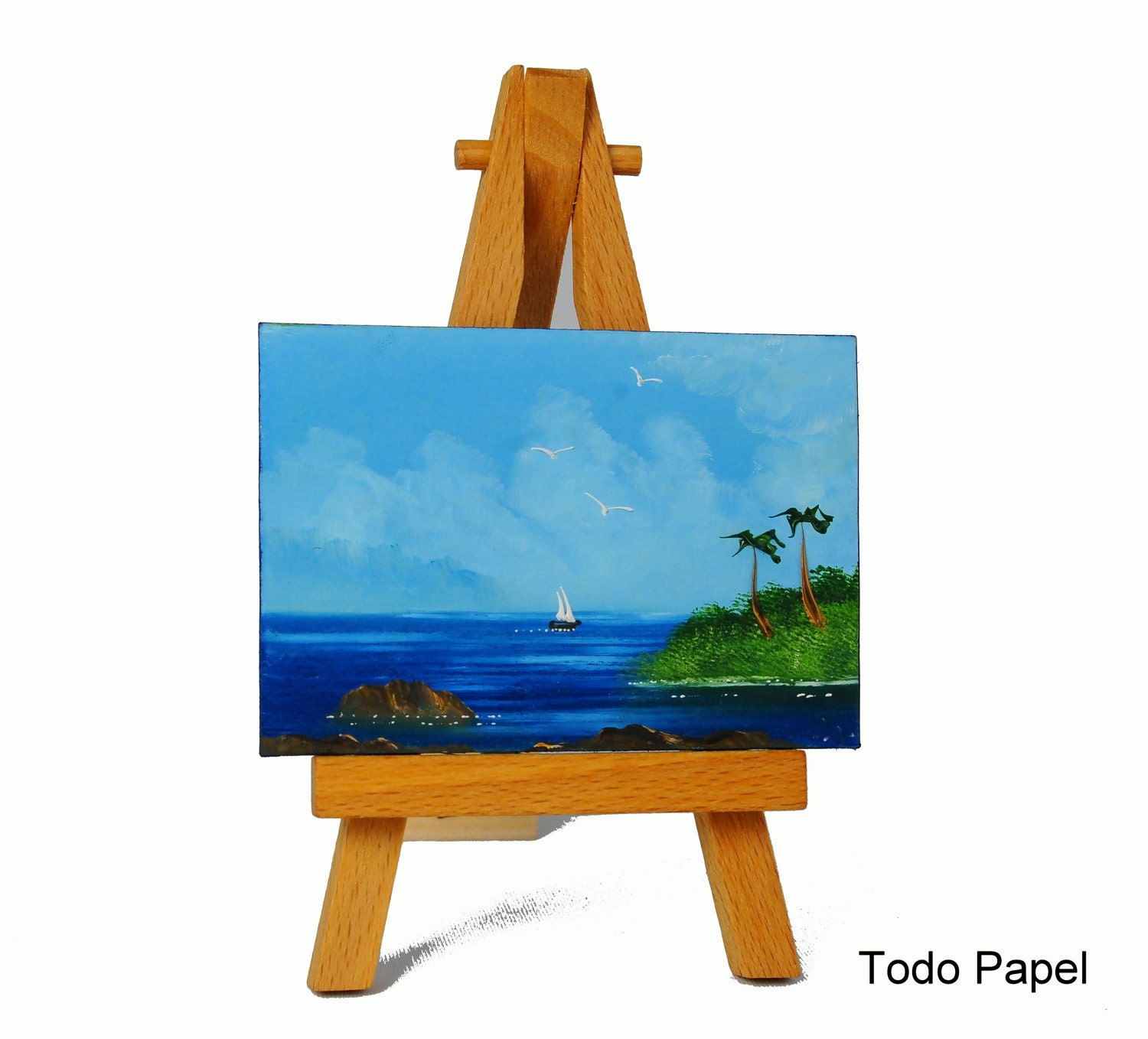 Miniature artwork . oil . original painting . tropical island. blue sea . blue sky . sailing boat . palm trees . tropical . summer - TodoPapel