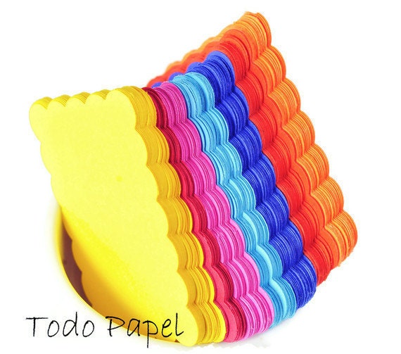 Scalloped punches . die cuts . rectangle . 35 pieces . 2 by 1 inch . rainbow colors . colorful . neon