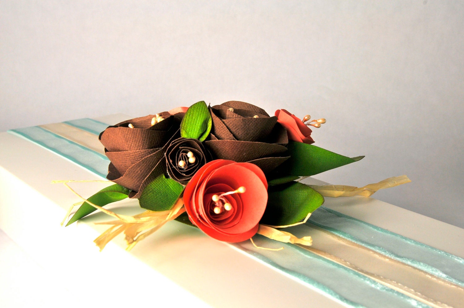 Paper Flower bouquet. Valentine's Gift embellishment / Gift topper  /  Coral and Chocolate Brown