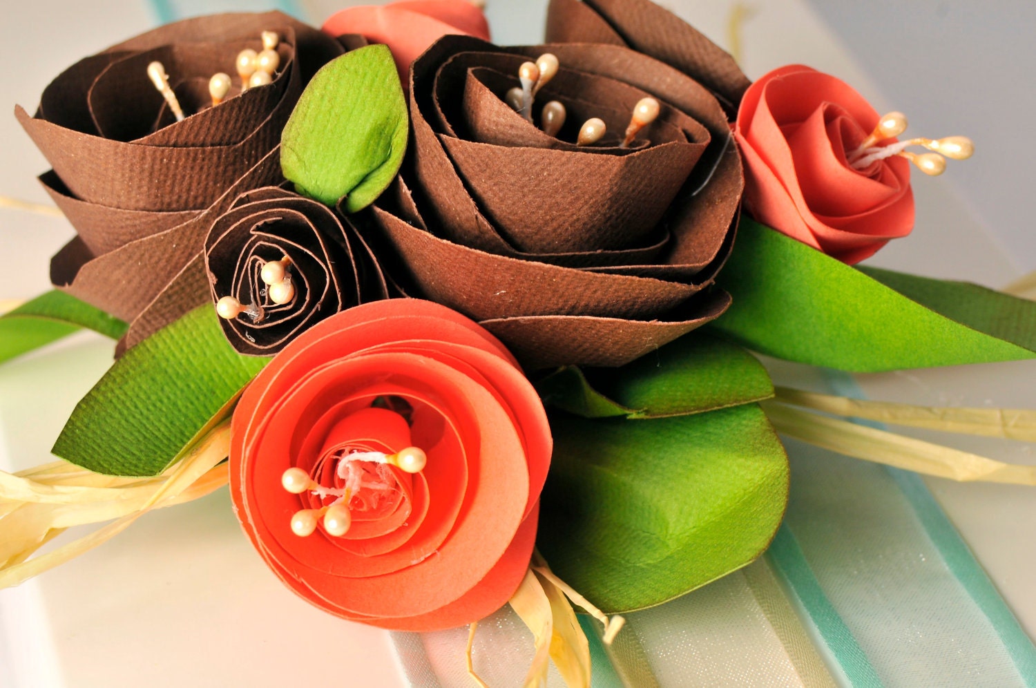 Paper Flower bouquet. Valentine's Gift embellishment / Gift topper  /  Coral and Chocolate Brown