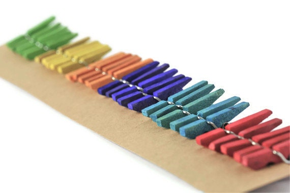 Colored mini clothespins . 30 . wooden pegs . rainbow . 1 inch . clip . miniature . small . orange . yellow . green . turquoise . purple