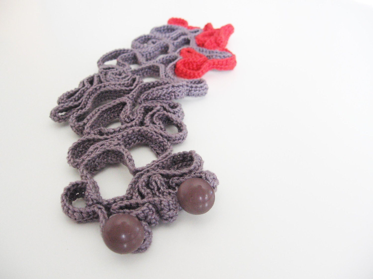 River topography- crocheted cuff bracelet- red and grey crochet -ooak