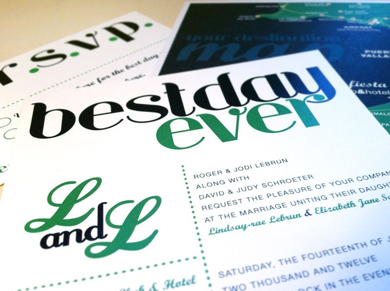 5x5 Wedding Invitations, Square Best Day Ever in Cobalt and Kelly Green with Optional Custom Map