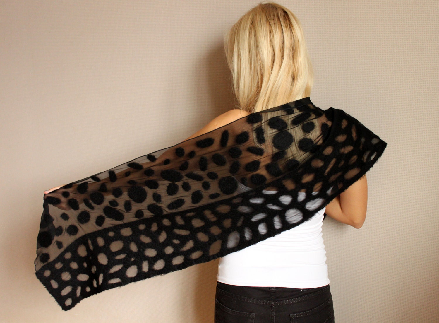 Felted silk scarf '' Black'' with felted wool elements /hmet/eco friendly/rusteam /etsy lush