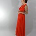 1960s Vintage Dress...Mad Men Fashion Floor Length Red Halter Grecian Gown with Beaded Detailing and Rhinestones Size Small