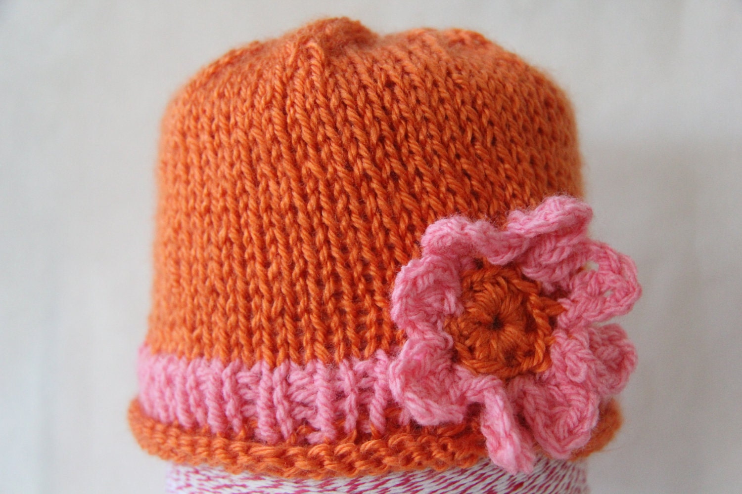 Orange Crush -  Handknit Hat with Flower (6-12 months)