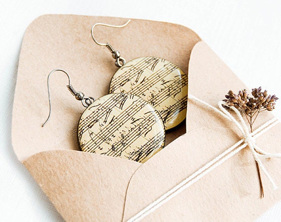 Round musical earrings, sheet music jewelry, notes earrings