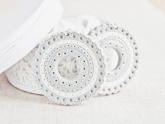 White gray earrings, unique hoop earrings