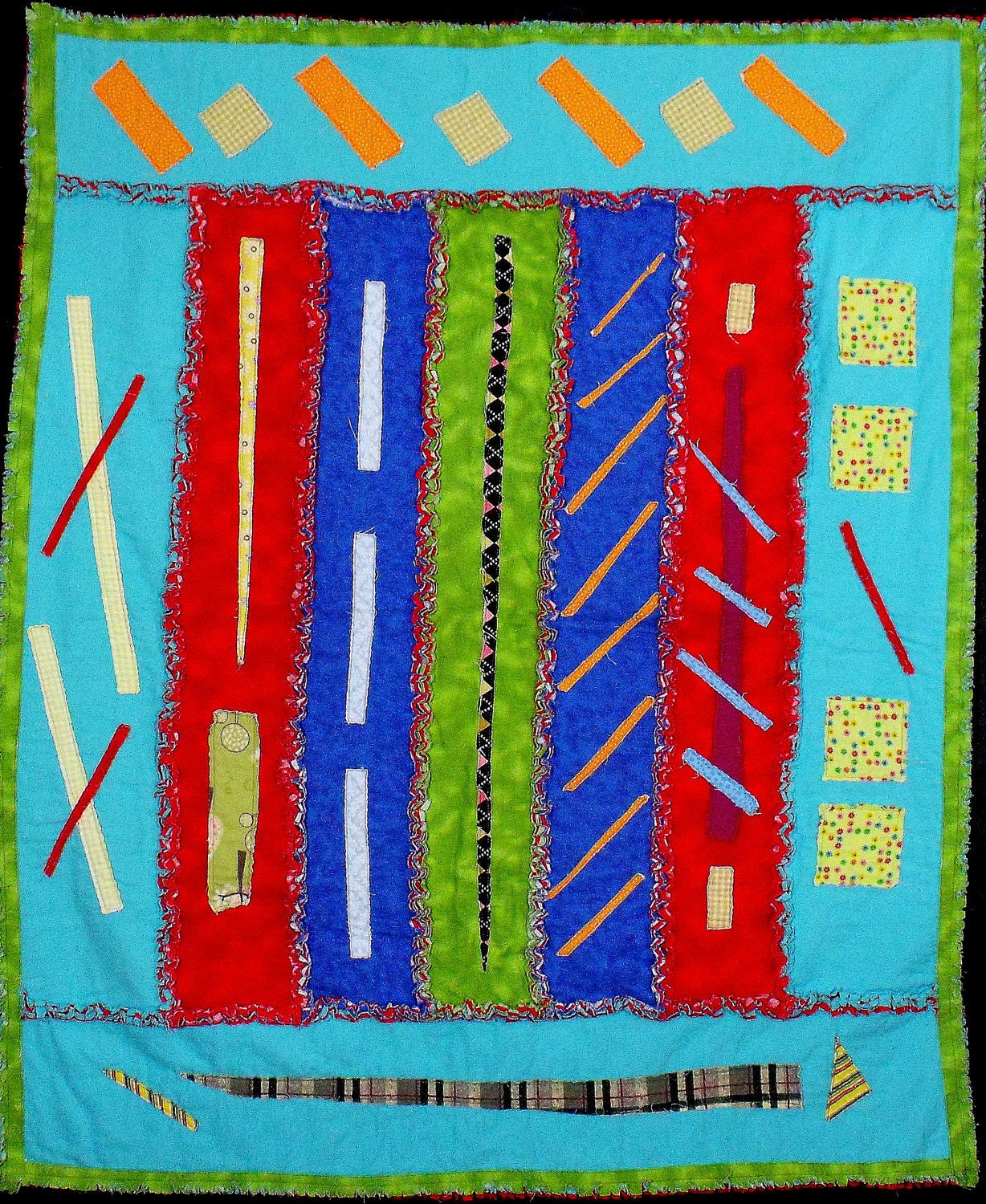 modern rag quilt, colorful small quilt, blue, aqua, green, red quilt