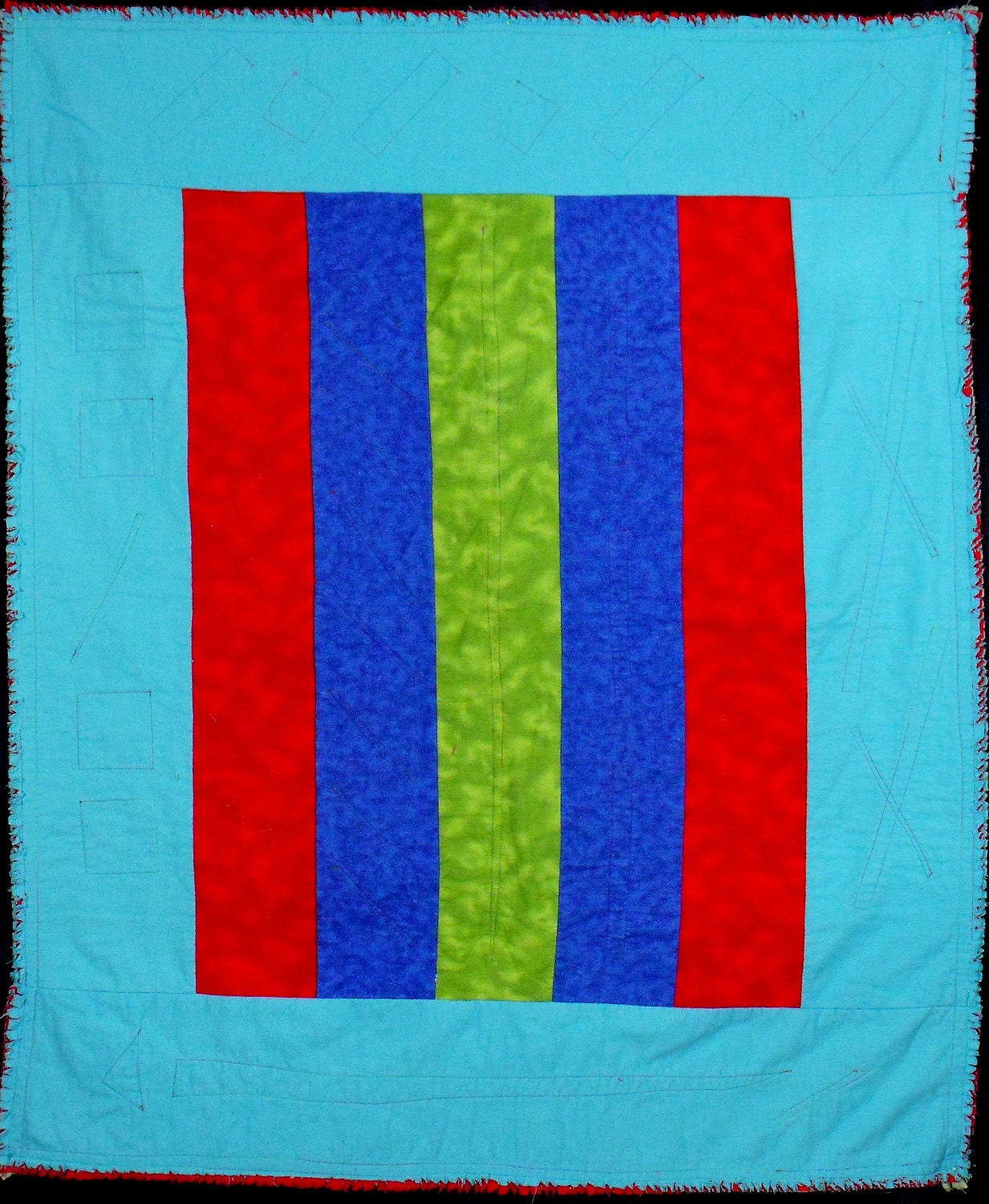modern rag quilt, colorful small quilt, blue, aqua, green, red quilt