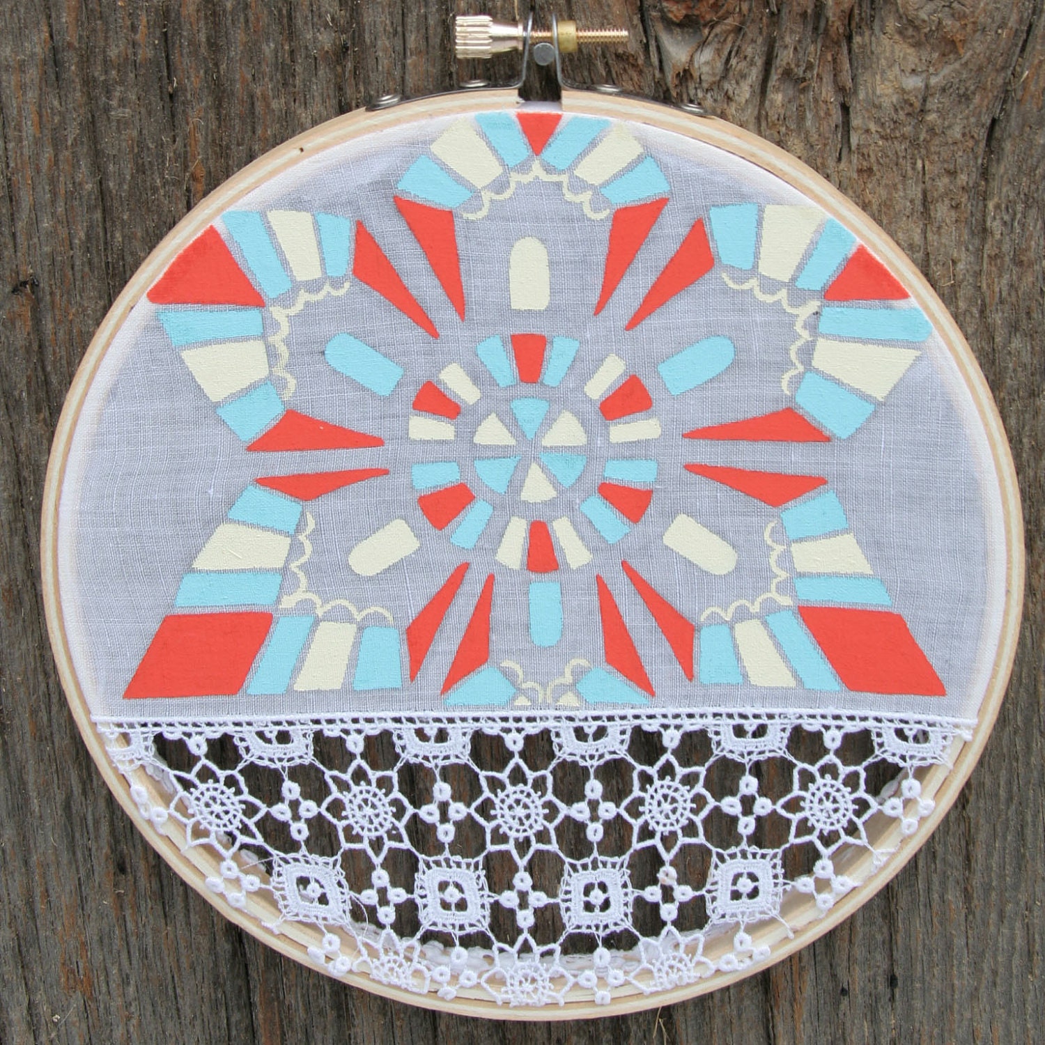 NATIVE LACE painting on vintage hankie