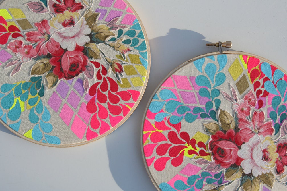 FANTASY FLORAL, Pair of Paintings on Vintage Textiles