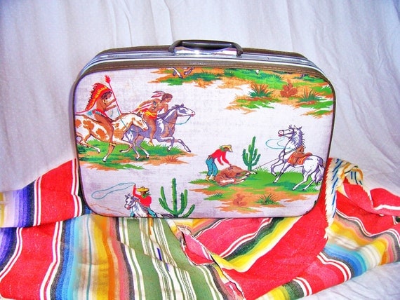 vintage upcycled suitcase, retro cowboy and indians fabric,  samsonite