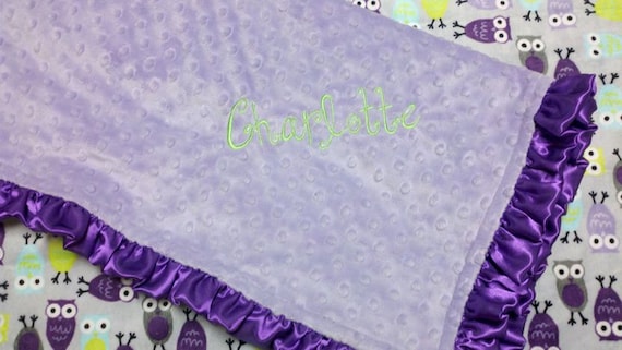 Personalized Minky Baby Blanket with Robert Kaufman Night Owl Minky and satin ruffles