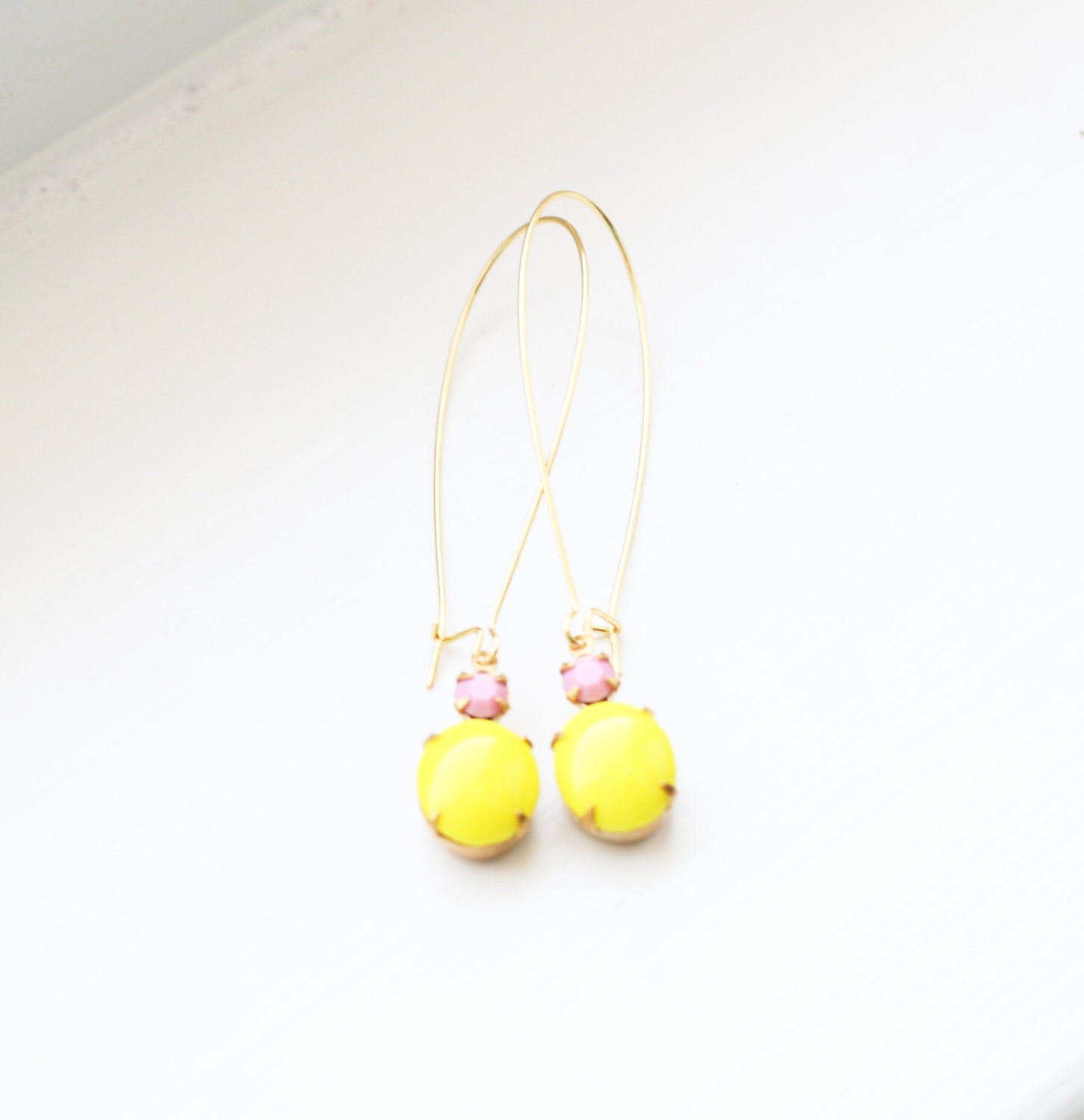 Vintage Pink Lemonade Glass Cabochon Earrings, Yellow Set Stone Earrings, Colored Stone Earrings, Rhinestone Earrings, Bezel Earrings