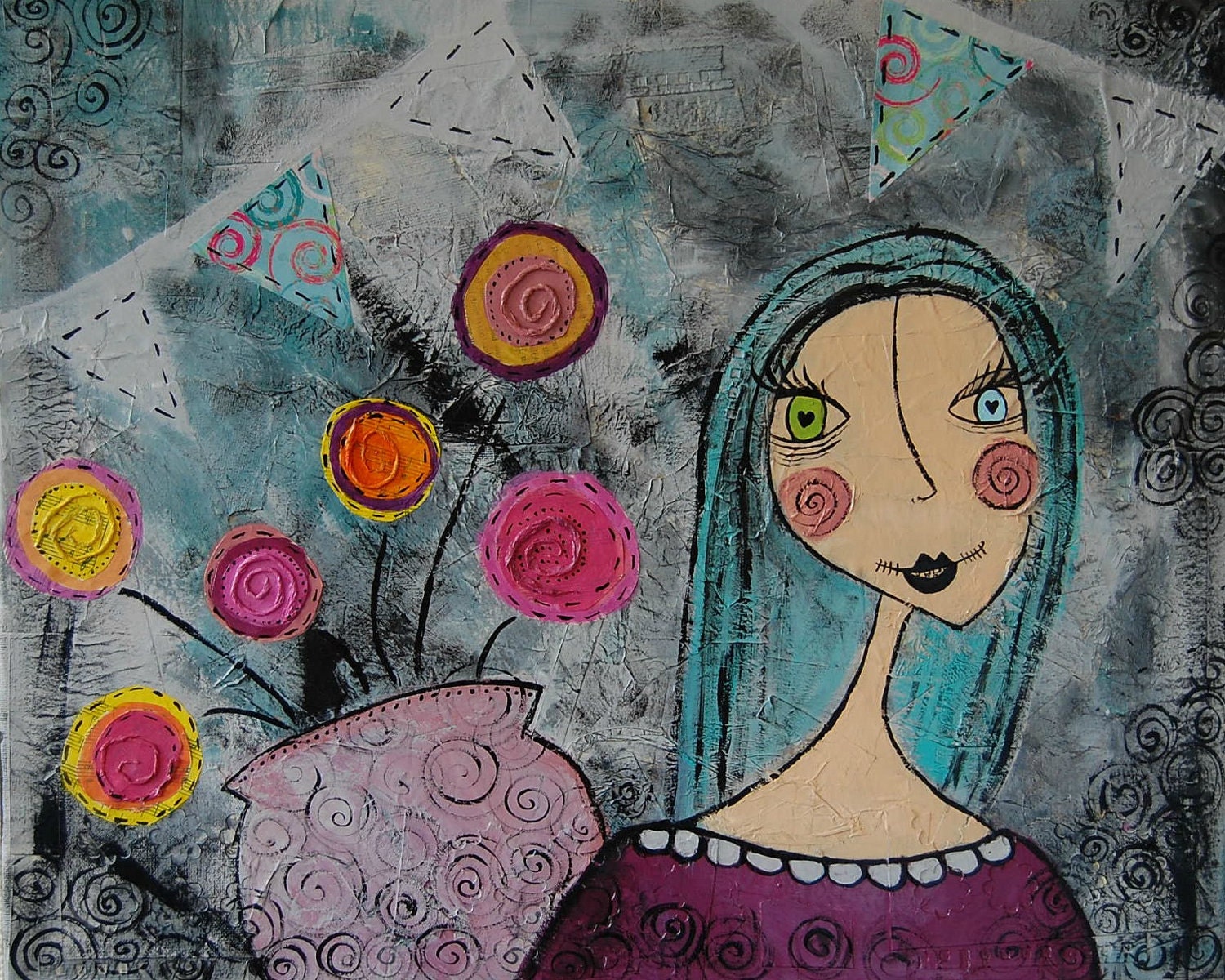 Flowers to Brighten the Day ....Illustrative.....Original Mixed Media Canvas Painting