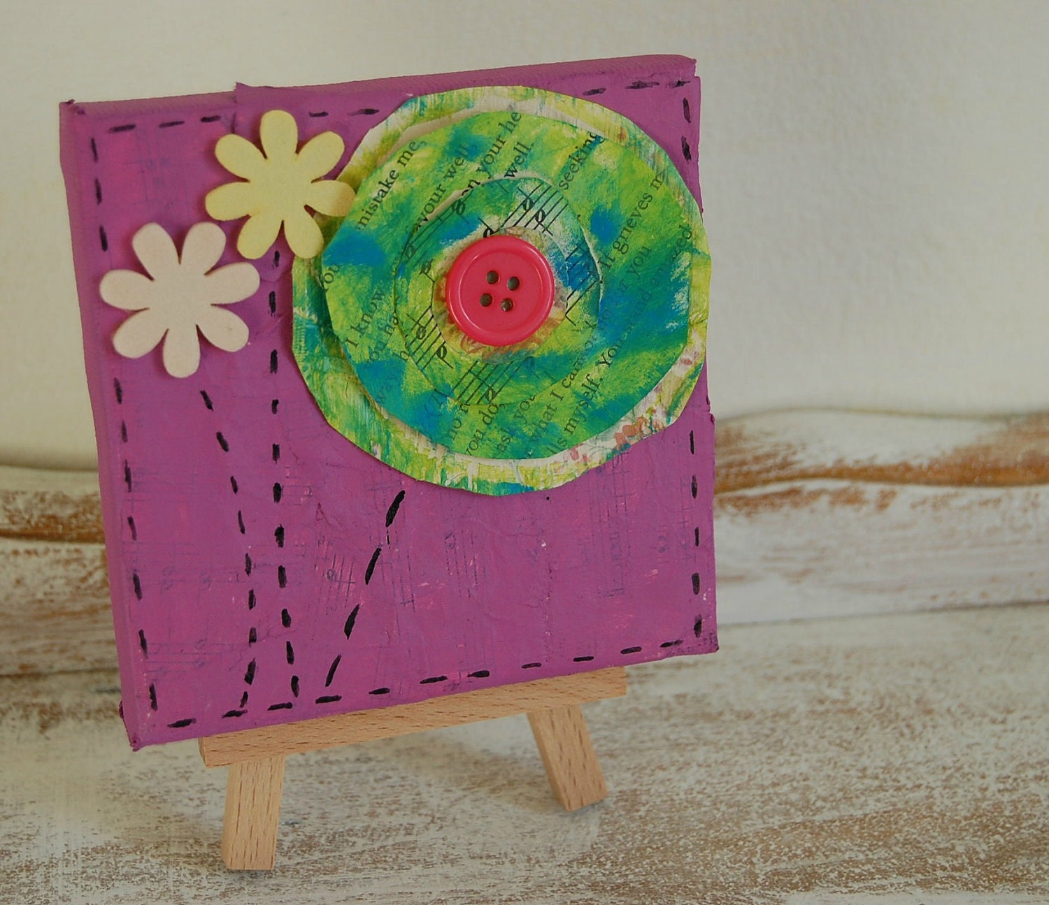 SALE, Paper Flowers, original mixed media mini canvas painting, button 3D paper flower