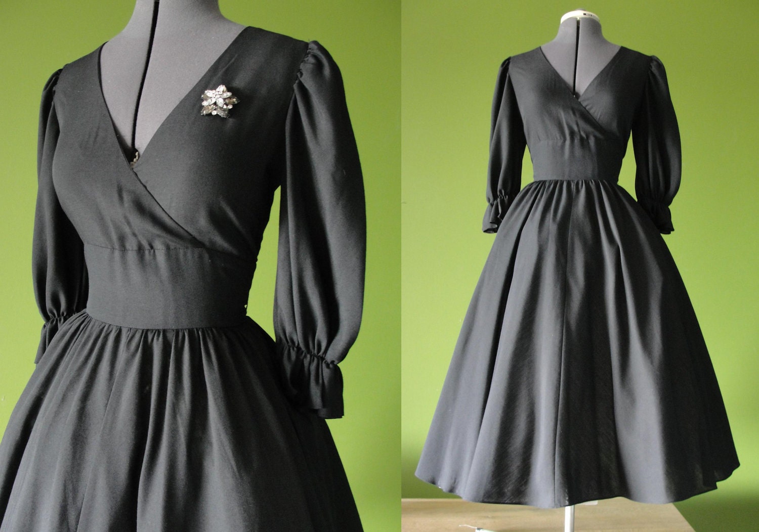 Vintage 1980s 50s Style Black JANE SCHAFFHAUSEN Belle France Party Dress with Full Swing Circle Skirt Size 8 to 10 Medium