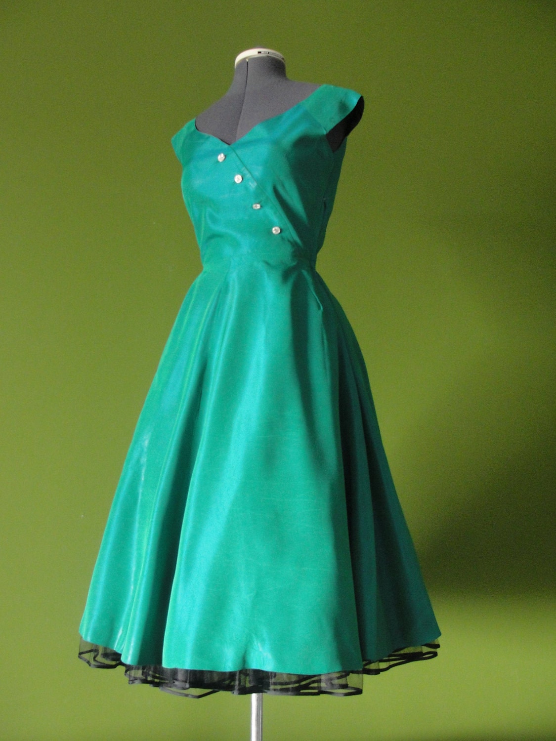 Vintage 1950s Teal with Turquoise Iridescent Party Dress with Full Circle Swing Skirt and Rhinestone Buttons Size 6 to 8 Small Medium