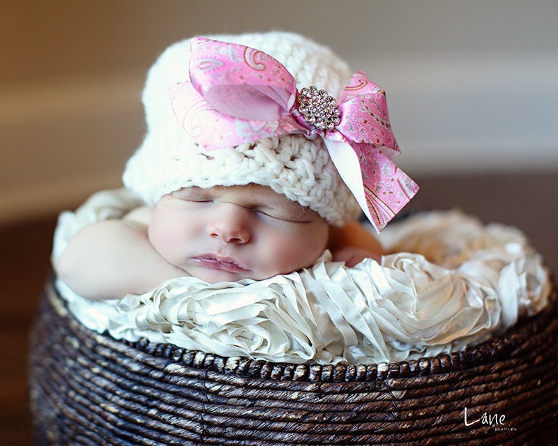 Crochet Baby Hat with Ribbon and Rhinestone