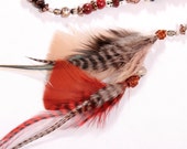 Feather Hair Extension Clip In - Wild One, long beaded hair barette grizzly feather red copper warm tones Pirate hairpiece Hippie - BlackLodgeJewelry