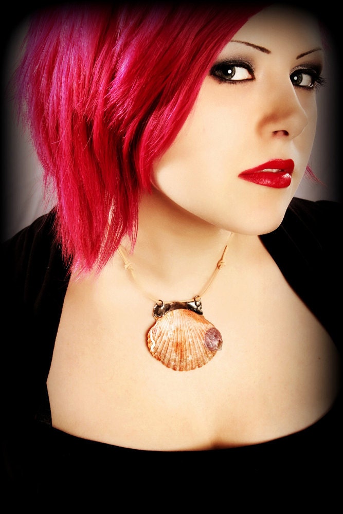 Shell Necklace Mermaid - Bohemian Jewelry large chunky orange beach shell purple barnacle Pendant Strange Pirate Treasures unique OOAK